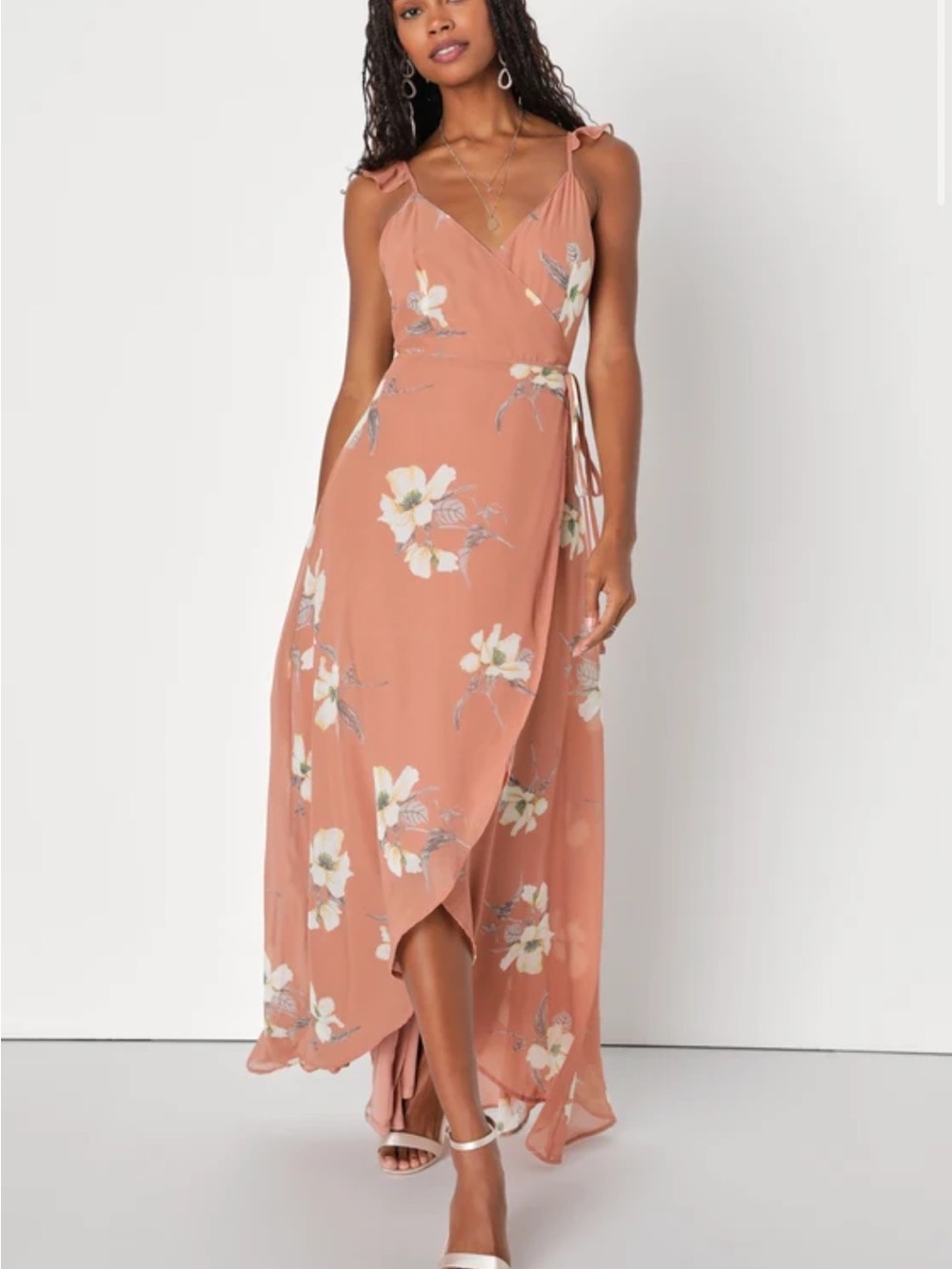 Lulu's Dusty Rose Floral Wrap Midi Dress
